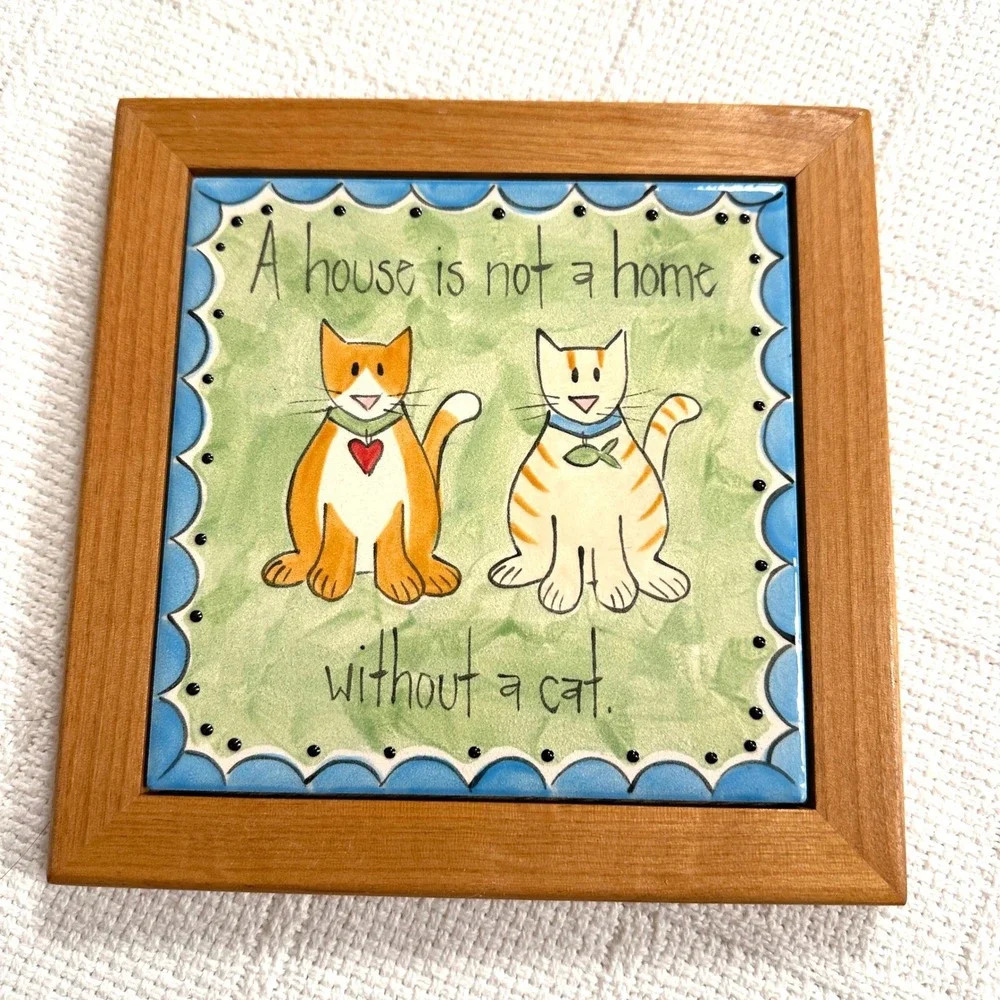 VTG Cat Framed Ceramic Tile Wall Decor House Not A Home Without A Cat Art Kitsch